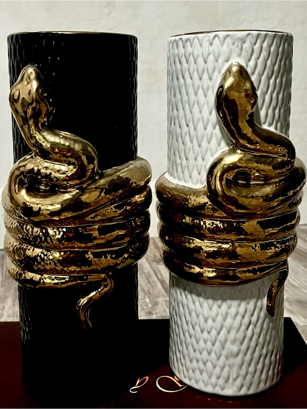 12” Gold Serpent Vase Black & White Home Decor Set Of Two